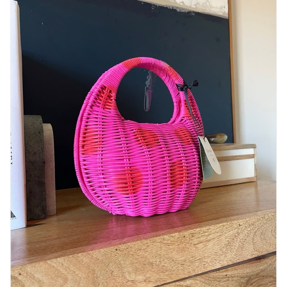 Kate Spade x Target Pink Red Polka Dot Woven Wicker Crescent Handbag Limited - Picture 3 of 4